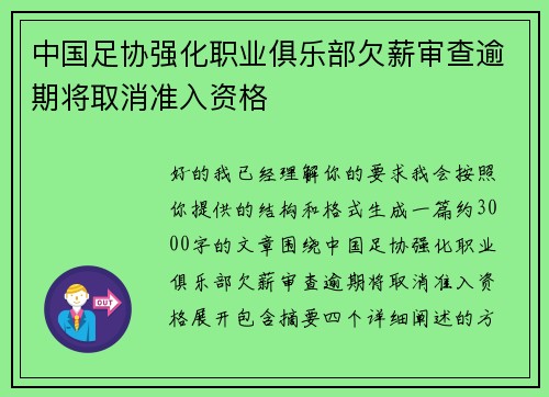 中国足协强化职业俱乐部欠薪审查逾期将取消准入资格 中国足协强化职业俱乐部欠薪审查逾期将取消准入资格