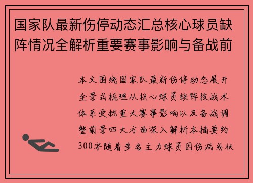 国家队最新伤停动态汇总核心球员缺阵情况全解析重要赛事影响与备战前景 国家队最新伤停动态汇总核心球员缺阵情况全解析重要赛事影响与备战前景