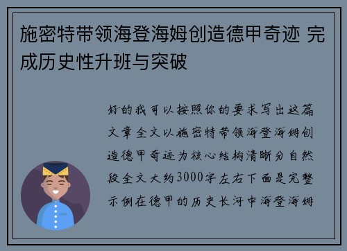 施密特带领海登海姆创造德甲奇迹 完成历史性升班与突破